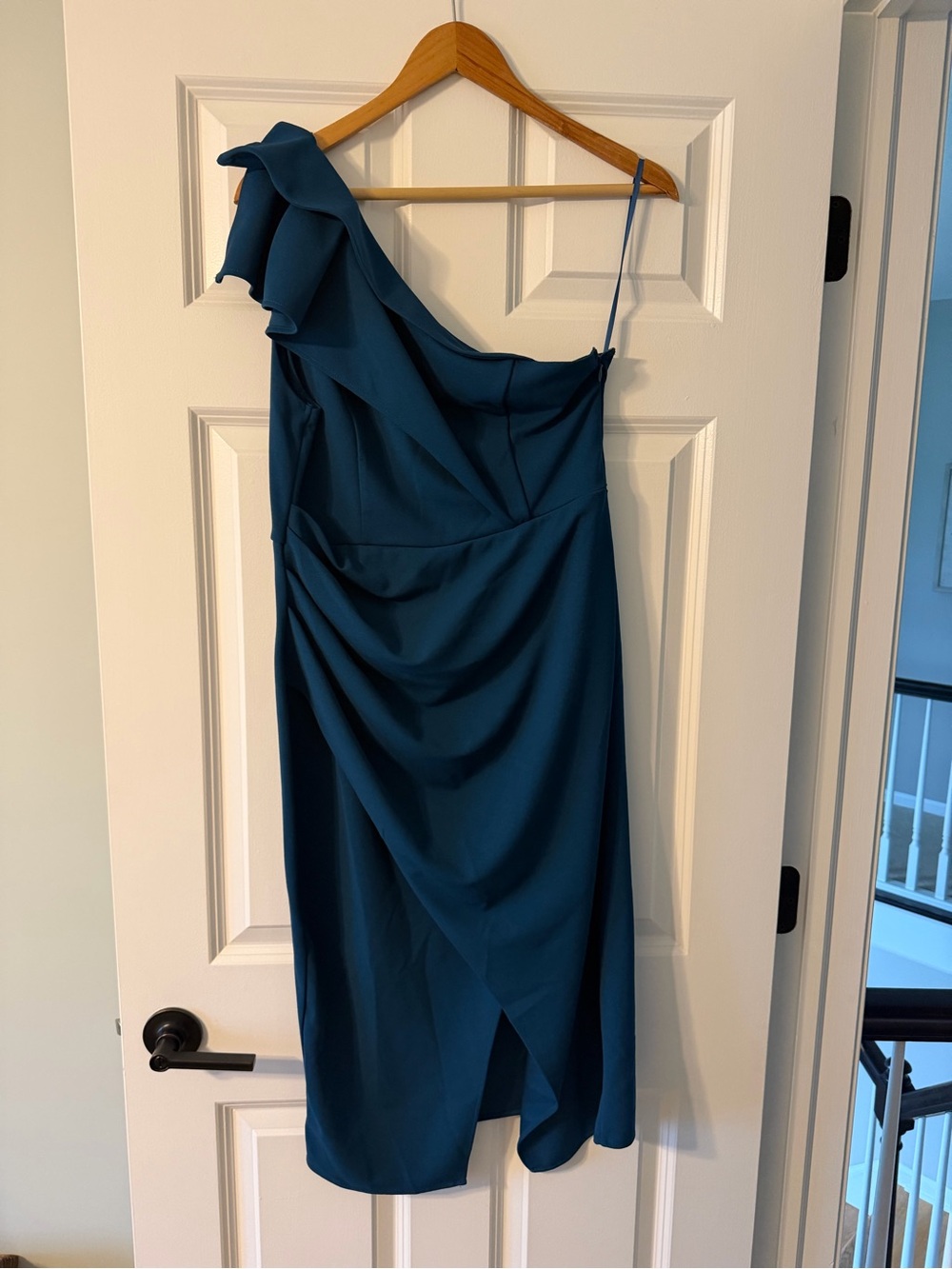 One-Shoulder Teal Cocktail Dress with Ruffle Detail